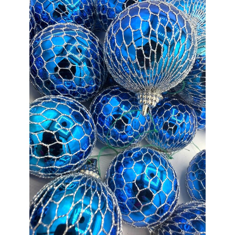 LOT Vintage Silver Net Covered Christmas Ornaments Balls Blue 70s Retro